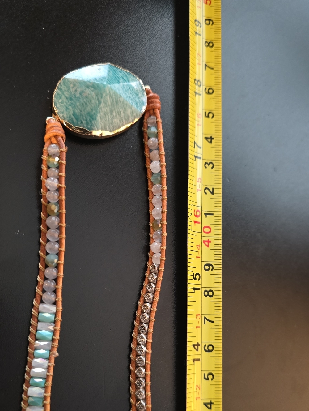 Handcrafted Green Stone and Brown Leather Wrap Necklace